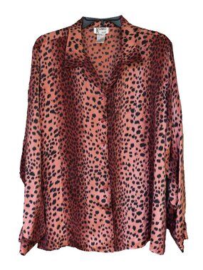 karnold 100% Silk Top Pink Leopard Maximalism Dopamine Long Sleeve Button Up